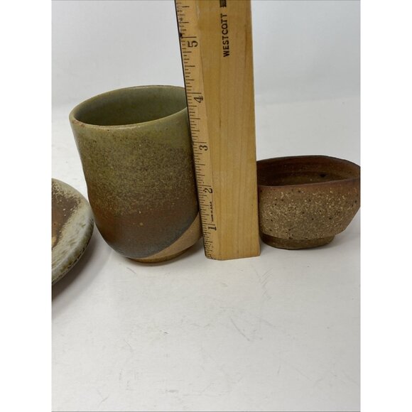 Studio Art Handmade Pottery 3 Piece Set Plate Cup Trinket Bowl JR Cooper Signed - Picture 10 of 12